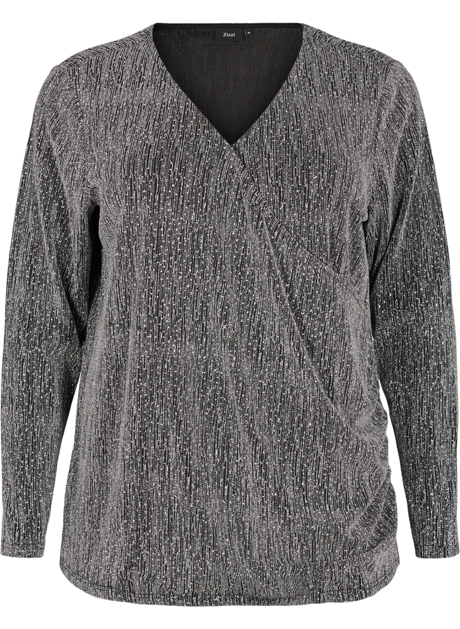 Zizzifashion Wrap-look glitter party top, Black, Packshot image number 0