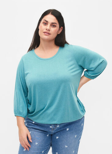 Plain blouse with 3/4 sleeves, Brittany Blue Mel., Model image number 0