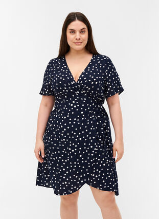 Short-sleeved, viscose wrap dress with dots, Night Sky Dot, Model image number 0