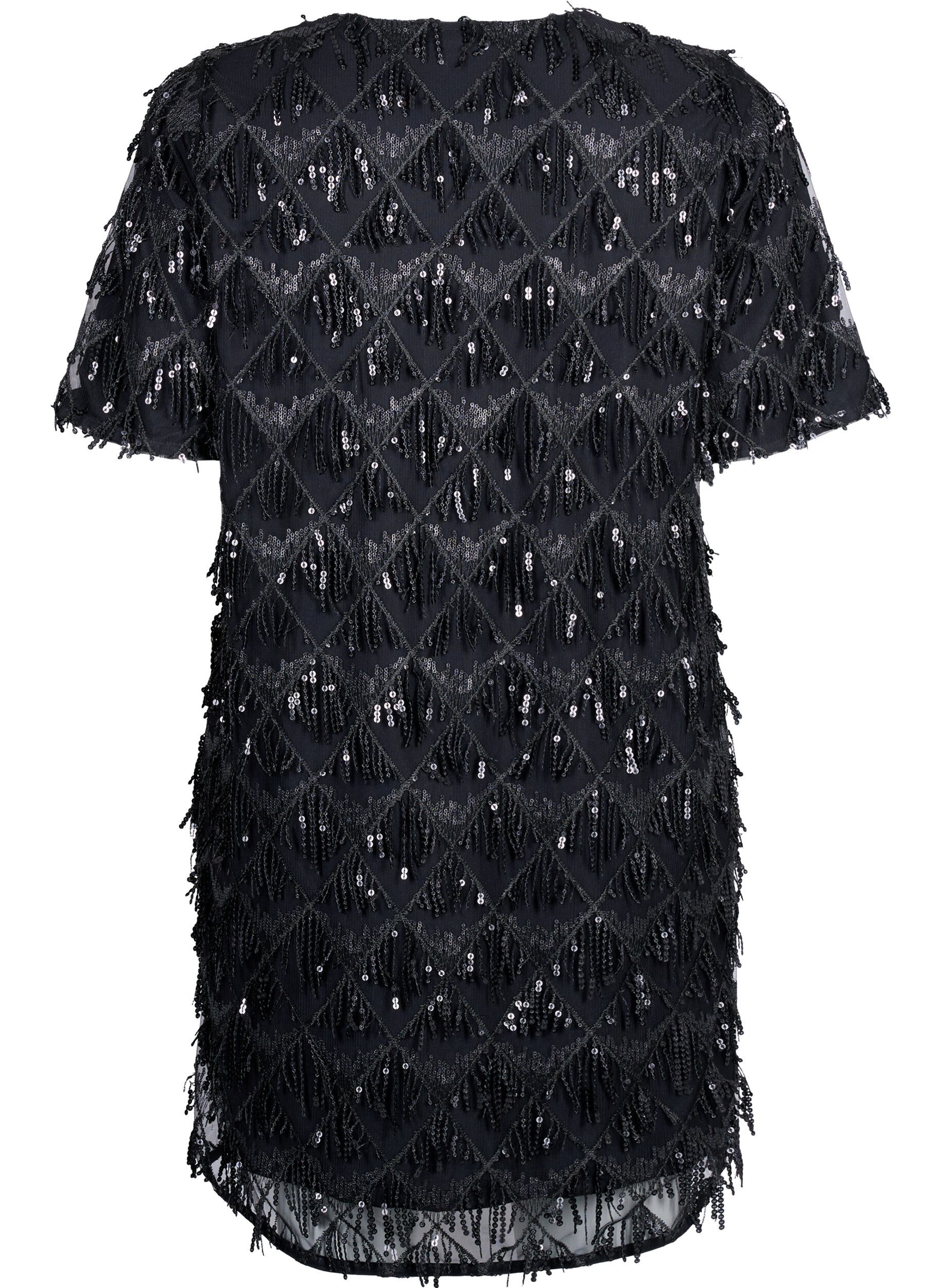Zizzifashion Short dress with sequin fringes, Black, Packshot image number 1