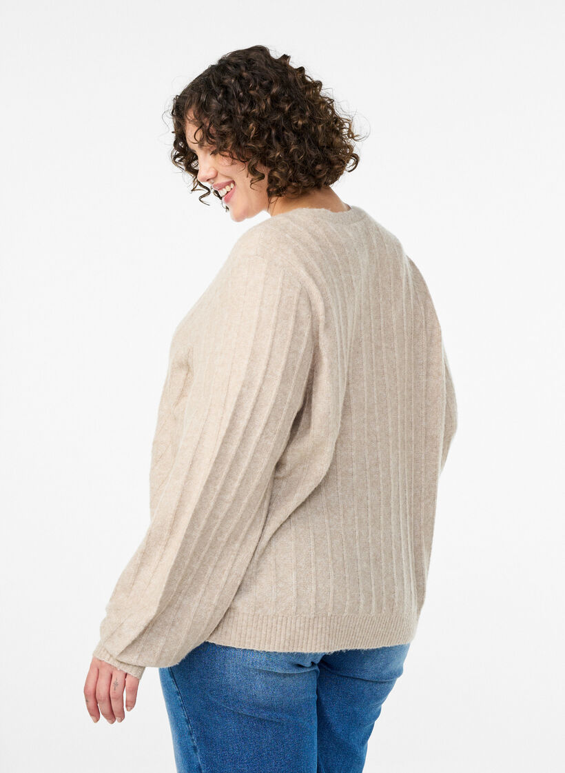 Cardigan with a ribbed texture and balloon sleeves, Beige, Model image number 2