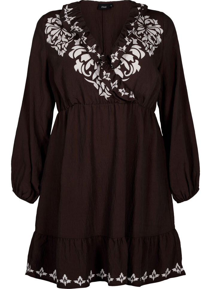 Long-sleeved viscose dress with print, Brown, Packshot image number 0