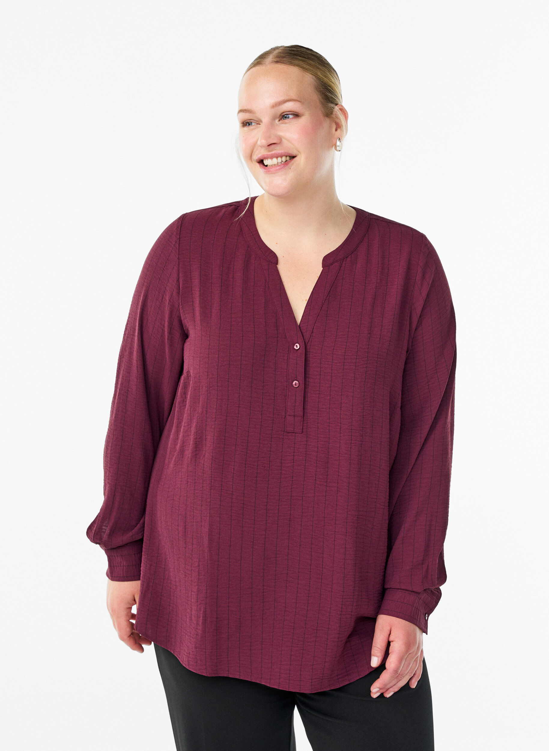 FLASH - Pinstripe shirt blouse, Red, Model