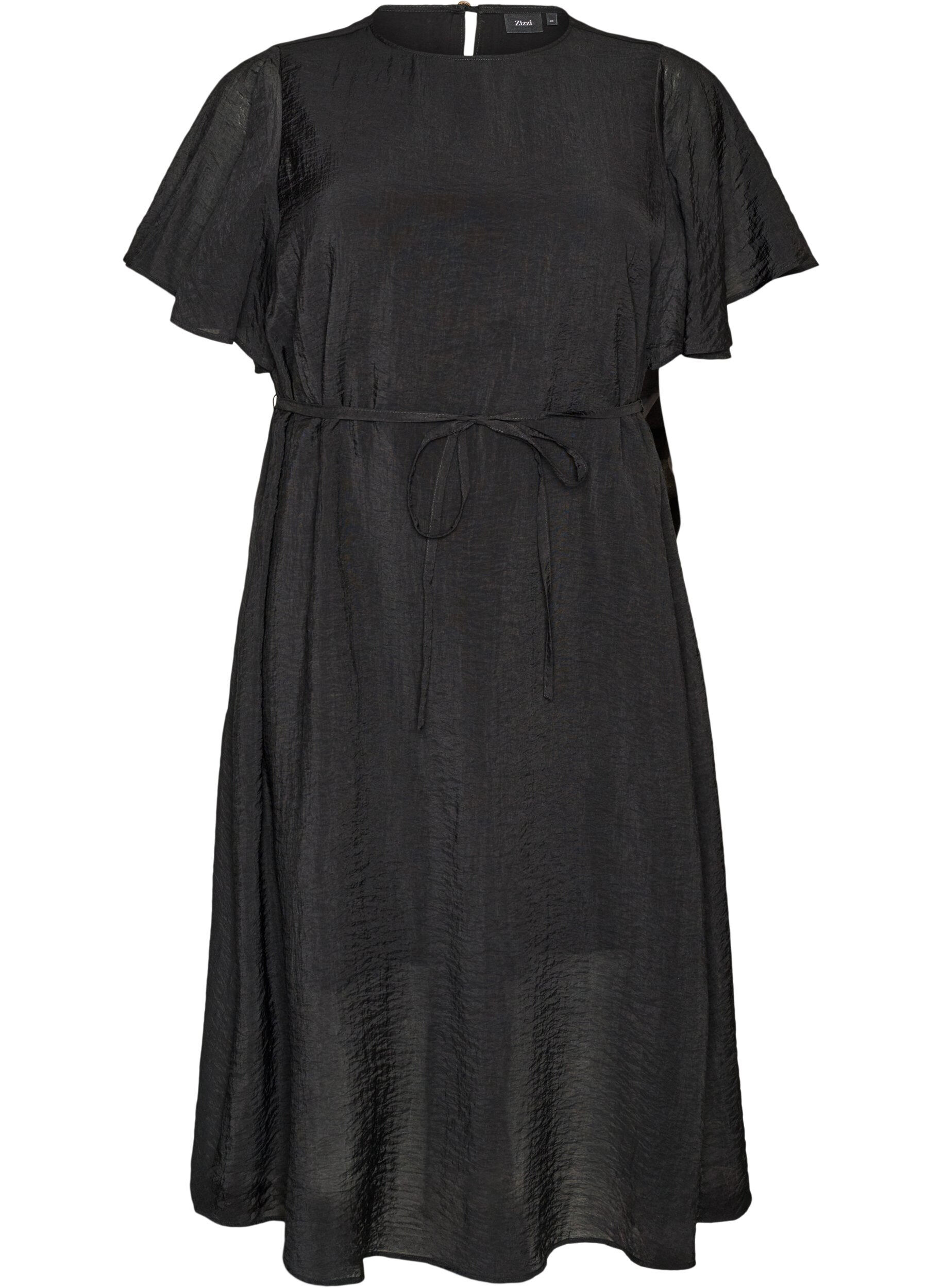 Zizzifashion Ankle-length dress with flutter sleeves and tie-waist, Black, Packshot image number 0