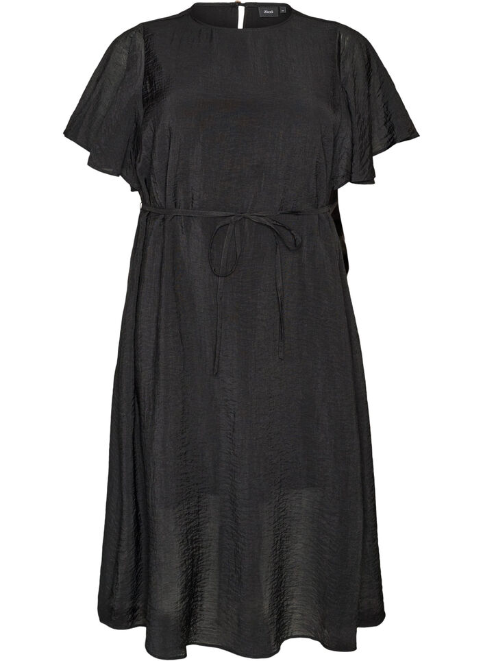 Ankle-length dress with flutter sleeves and tie-waist, Black, Packshot image number 0