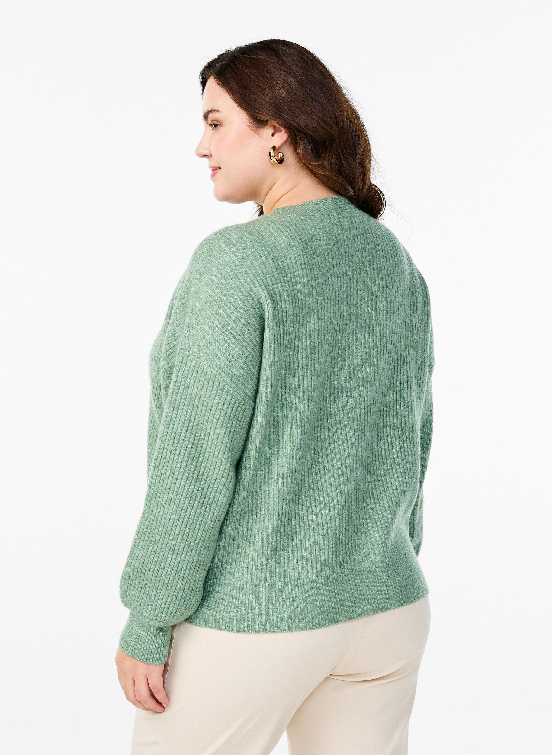 Zizzifashion Rib knit cardigan with buttons, Green, Model image number 2