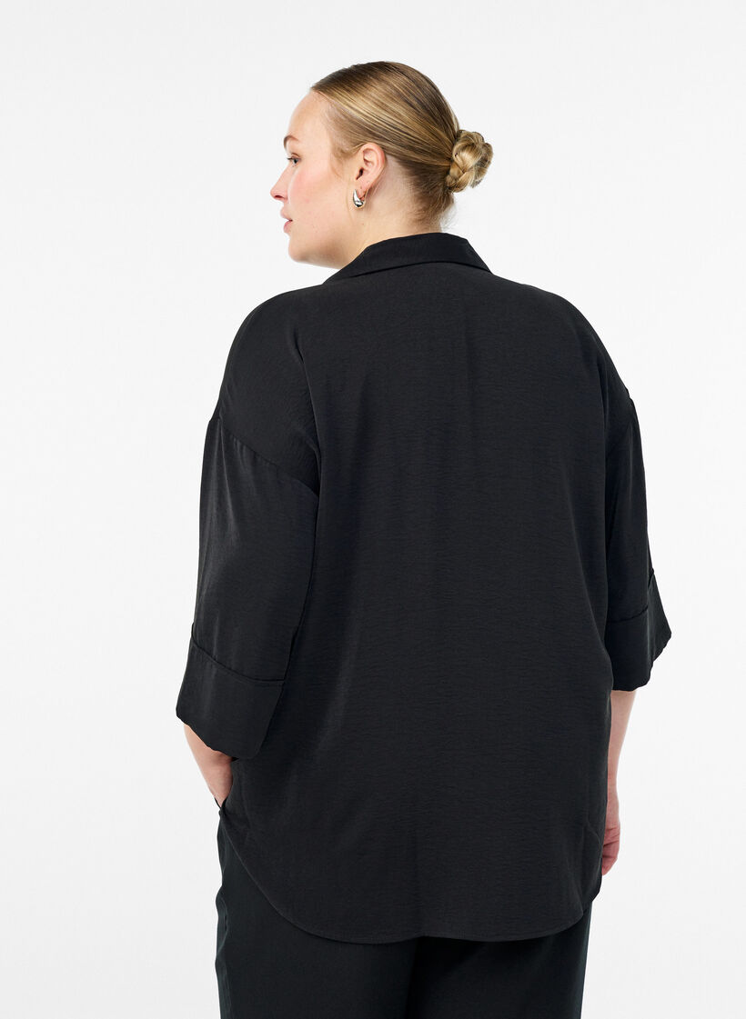 Loose shirt with a v-neck and 3/4 sleeves, Black, Model image number 2
