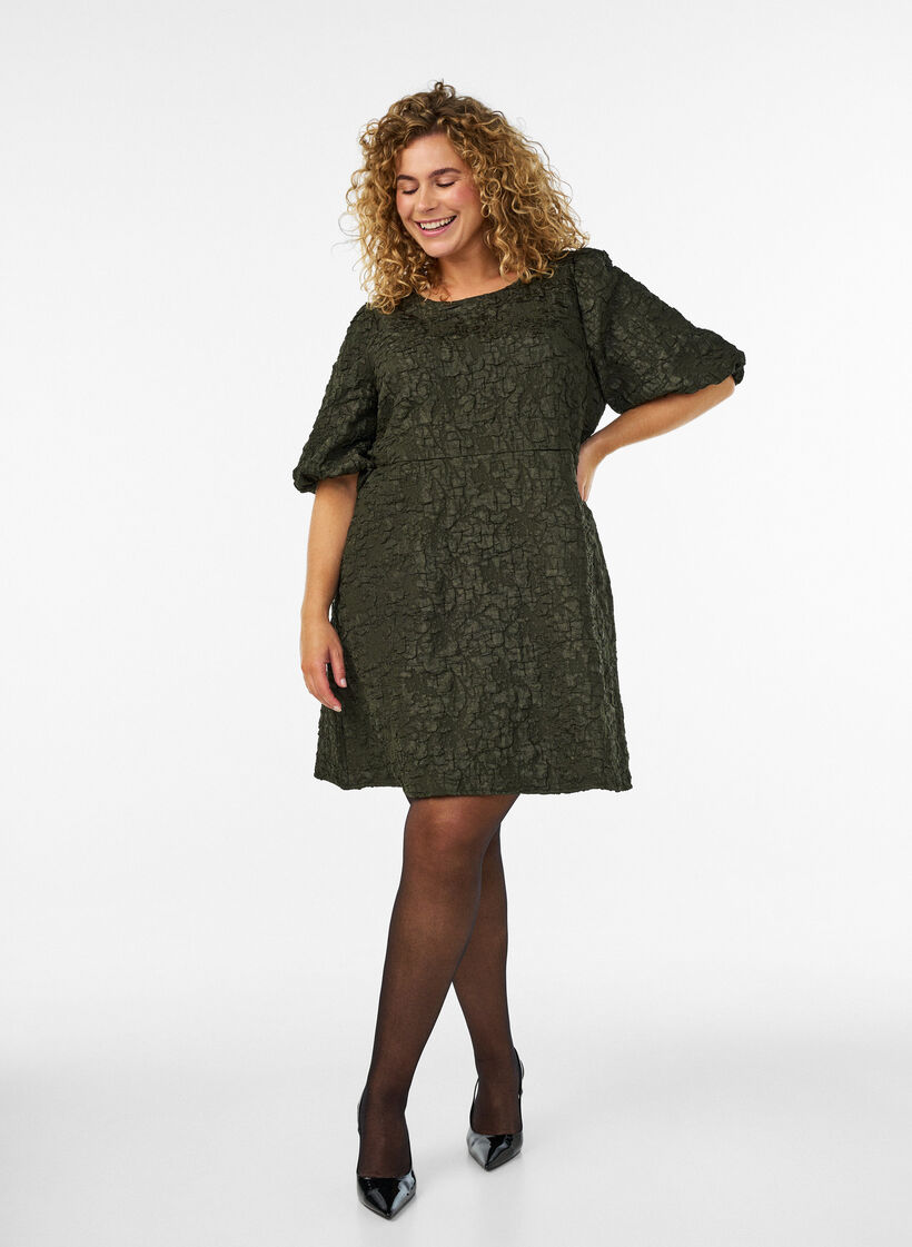 Jacquard dress with puff sleeves and A-line, Green, Model image number 1