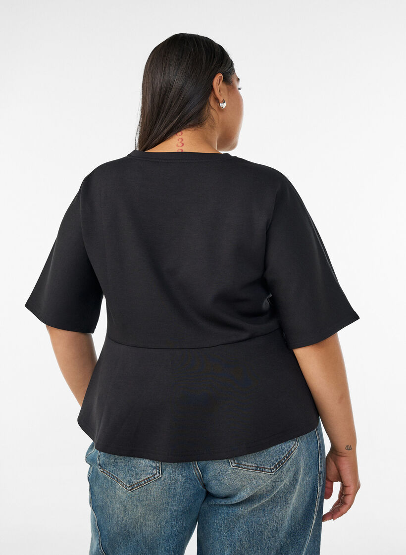 Peplum blouse with elbow-length sleeves, Black, Model image number 2