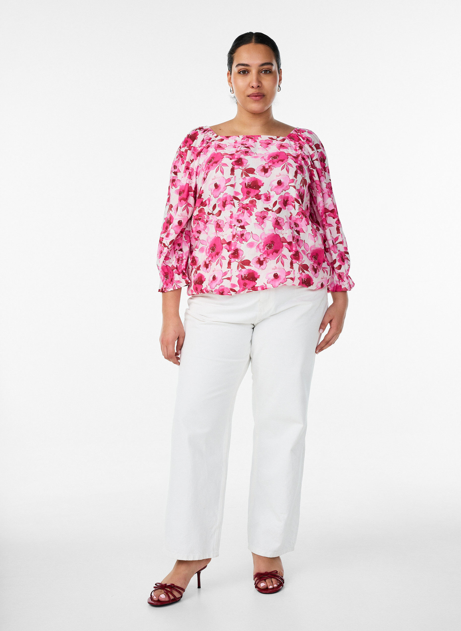 Zizzifashion Viscose blouse with a square neck and 3/4-sleeves, Pink, Model image number 1