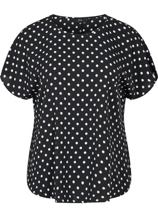 Blouse with short sleeves and a round neckline, Black w White Dot, Packshot image number 0