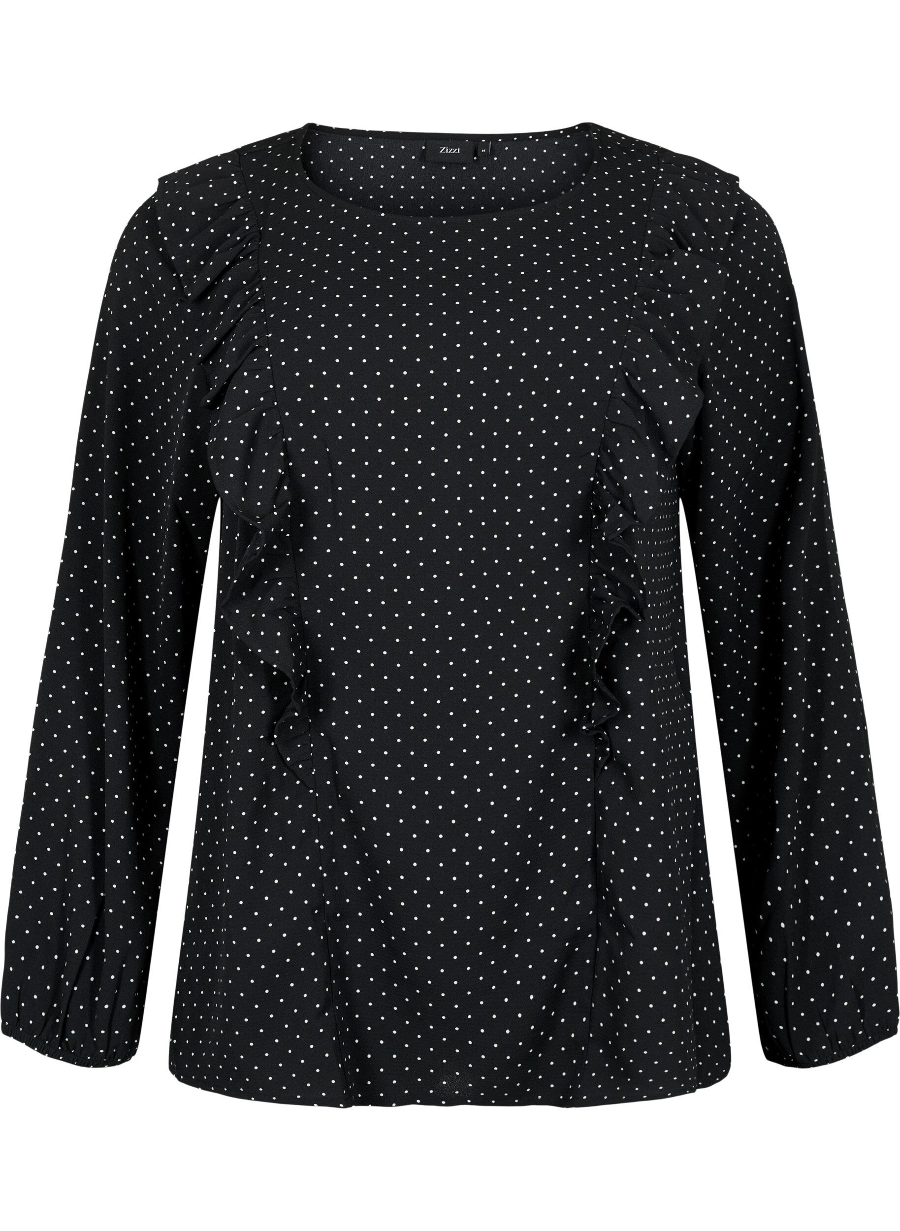 Zizzifashion Long sleeved blouse with ruffles, Black Dot, Packshot image number 0