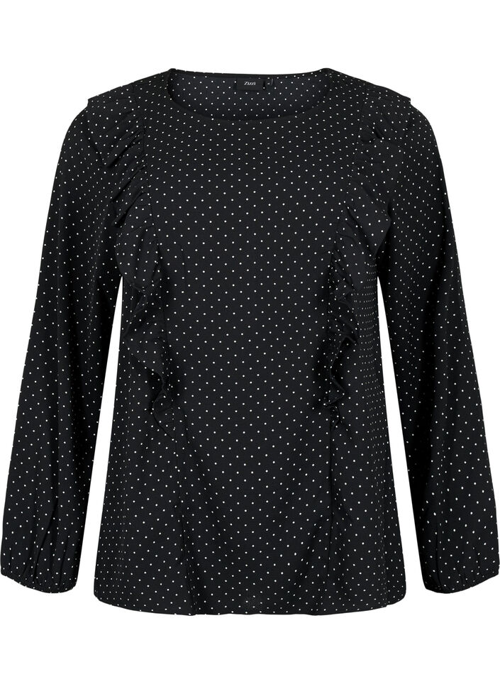 Long sleeved blouse with ruffles, Black Dot, Packshot image number 0