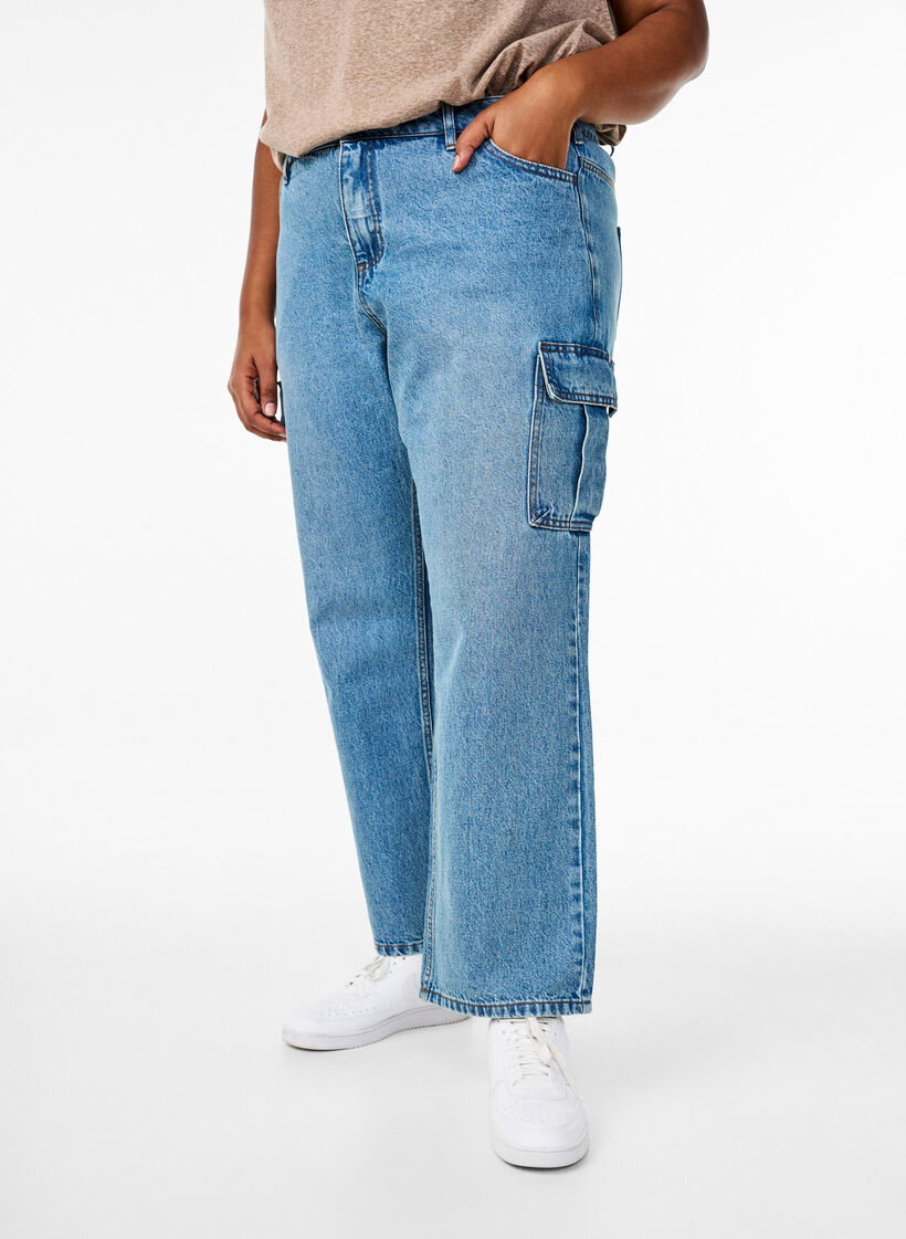 Loose fit cargo jeans with high waist, Light Blue, Model image number 2
