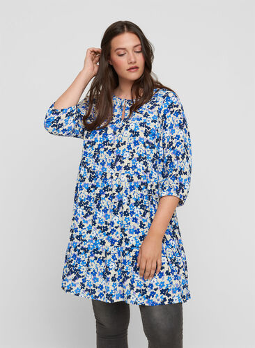 Floral viscose tunic with 3/4 sleeves, Blue Flower AOP, Model image number 0
