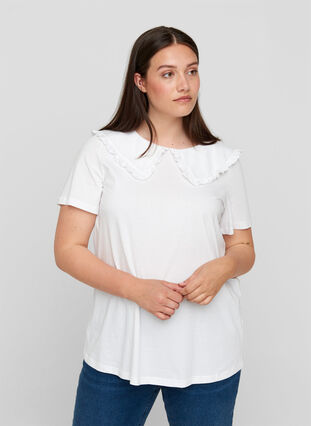 Short-sleeved cotton t-shirt with collar, Bright White, Model image number 0
