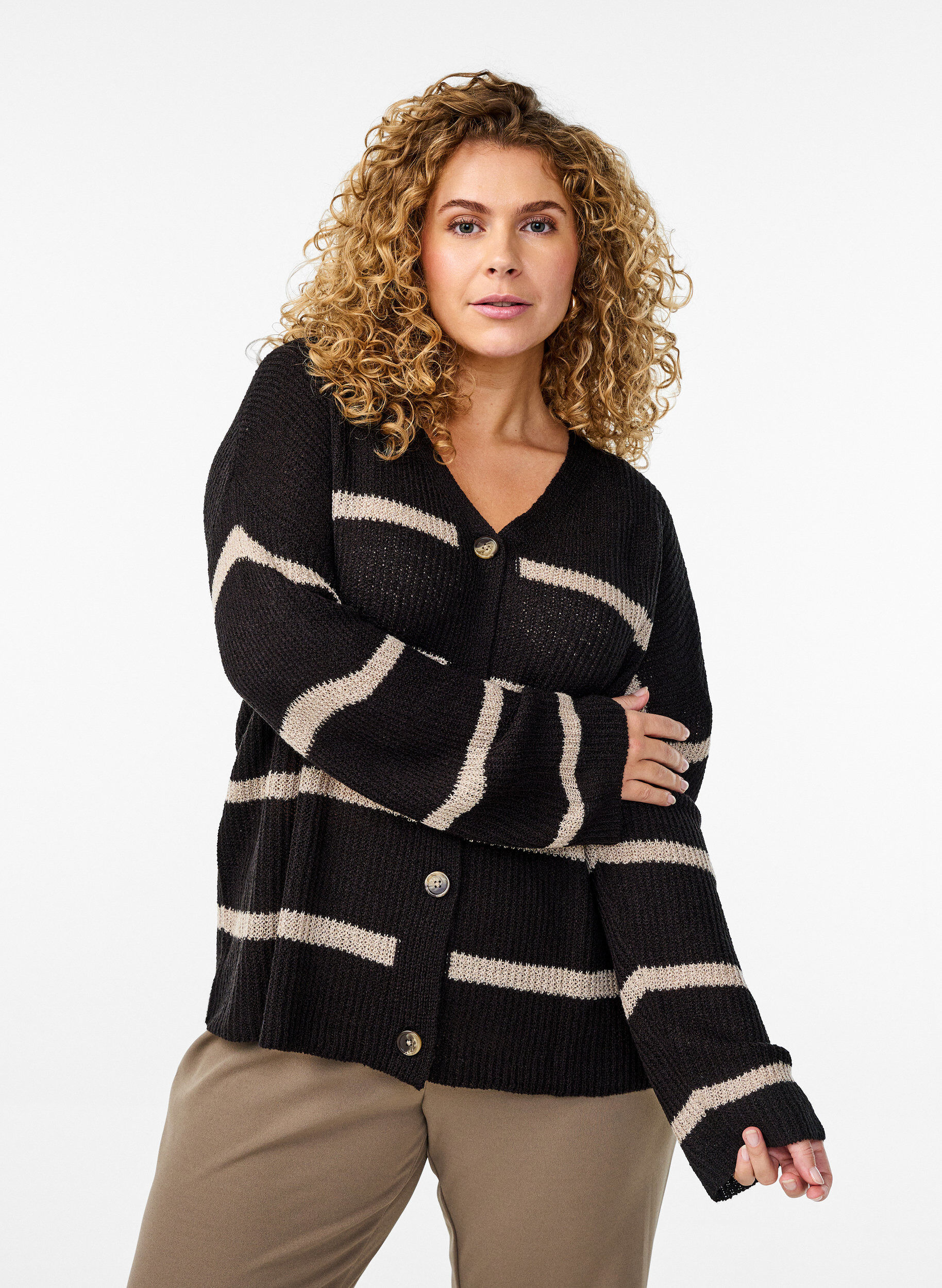 Zizzifashion Knitted cardigan with stripes and buttons, Black, Model image number 0