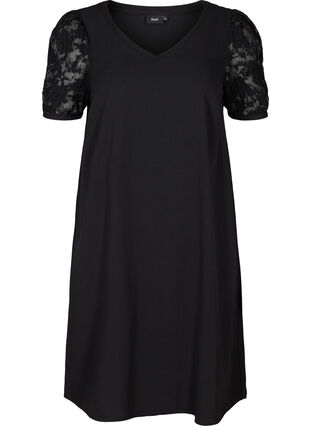 Dress with short lace sleeves and a V-neck, Black, Packshot image number 0