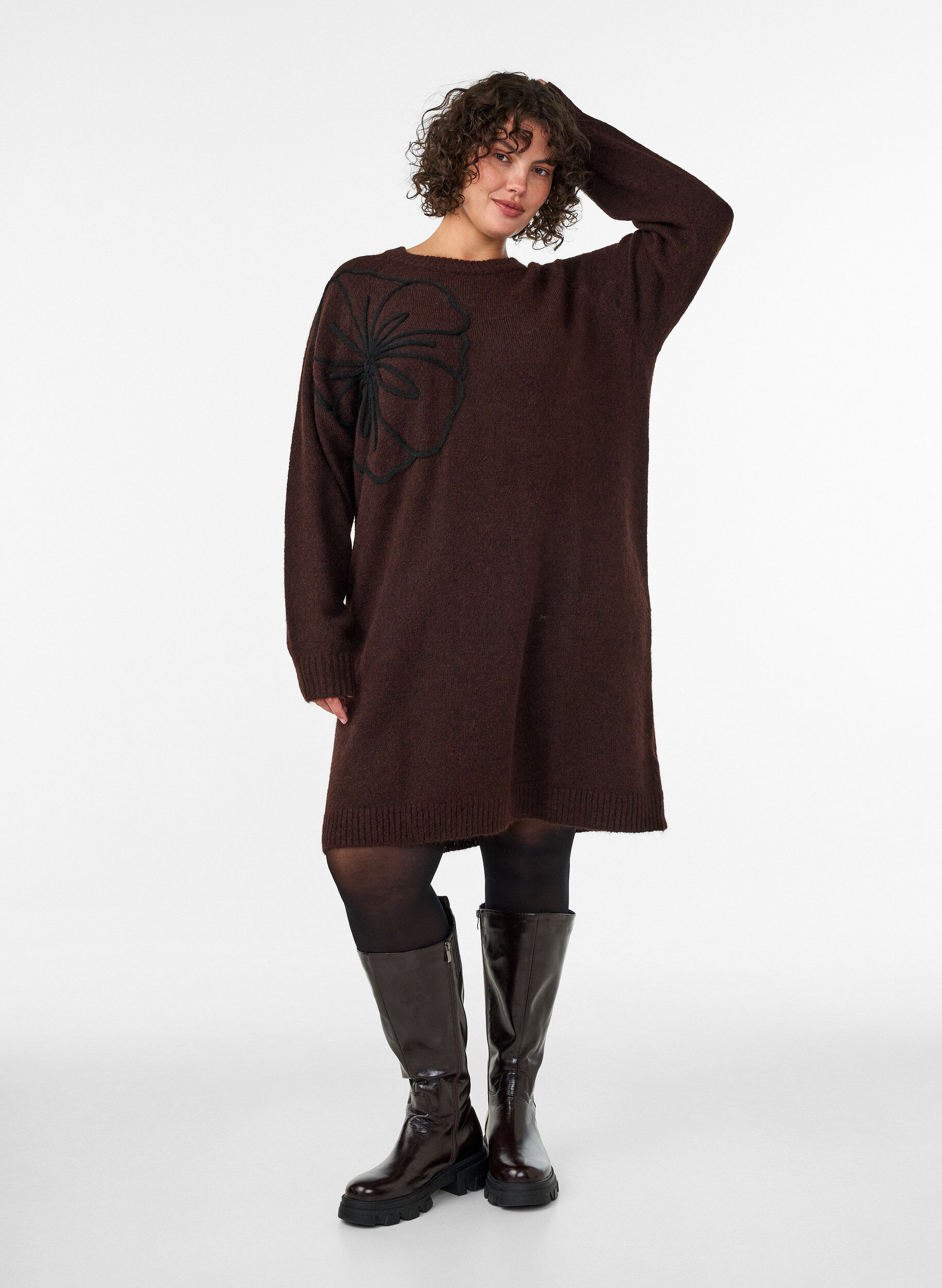 ZizzifashionJumper dress with large flower appliqu&eacute;, Brown, Model image number 1