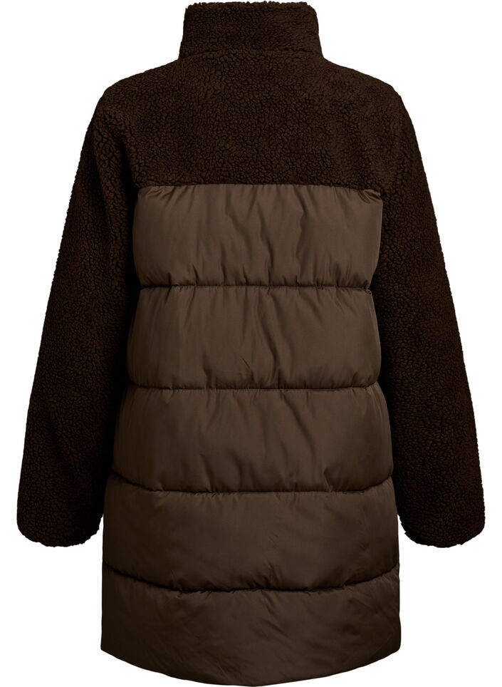 Mid-length puffer jacket with teddy fleece, Brown, Packshot