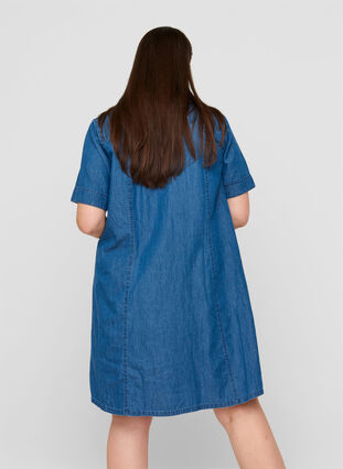 Denim shirt dress with short sleeves, Medium Blue denim, Model image number 1