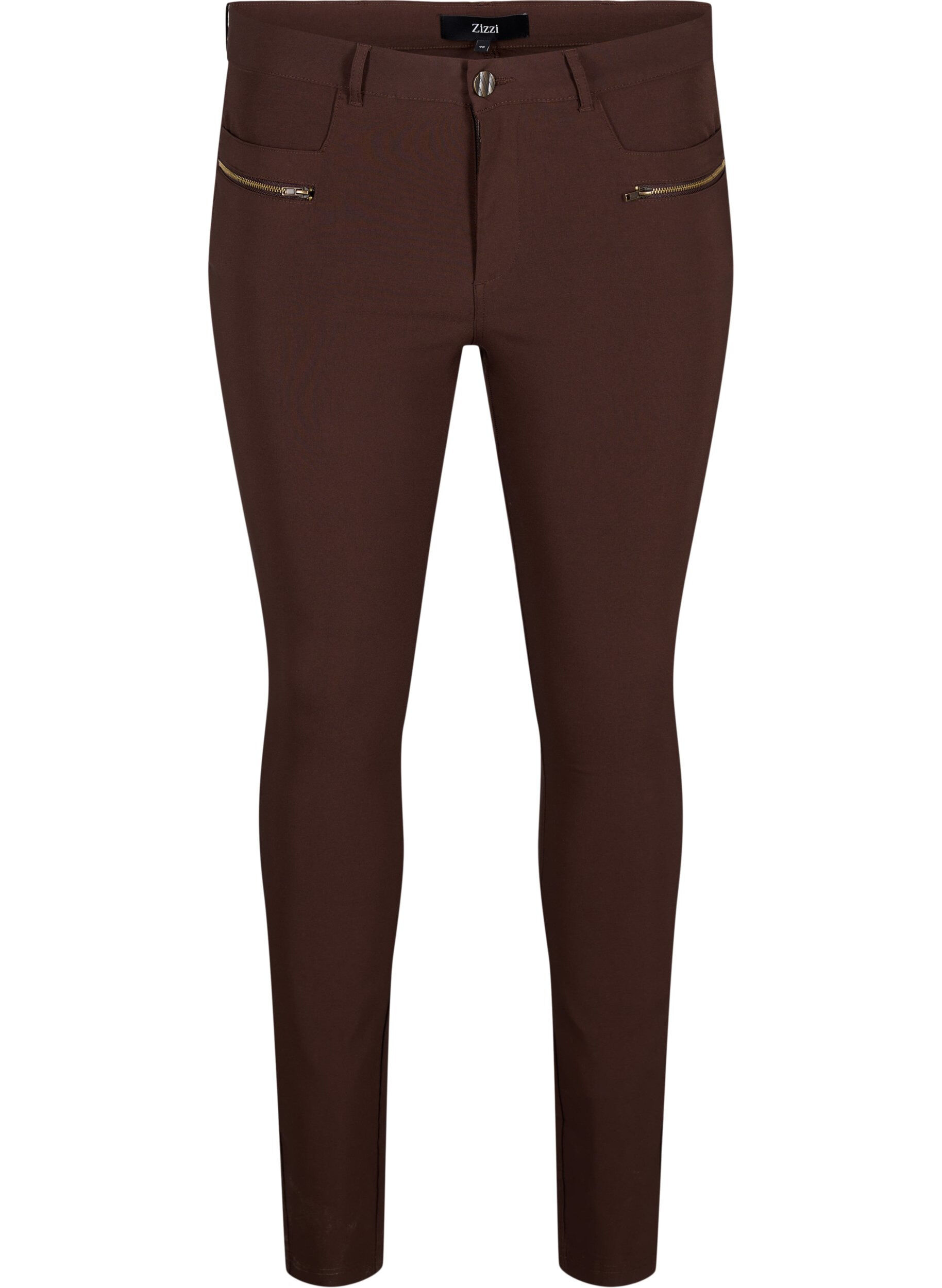 Zizzifashion Close-fitting trousers with zipper details, Brown, Packshot image number 0