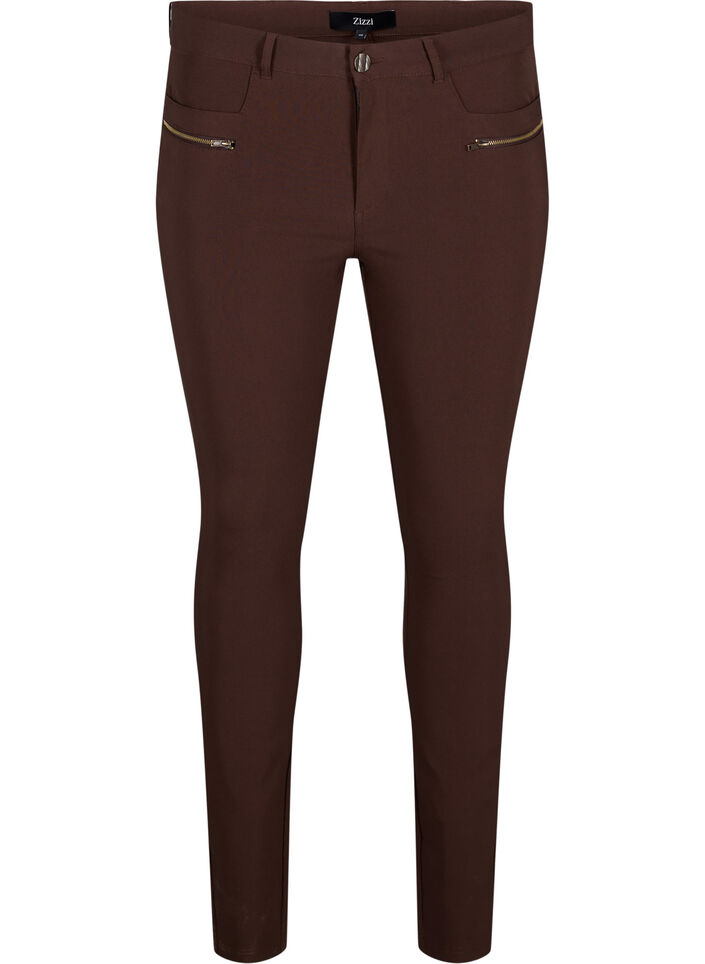 Close-fitting trousers with zipper details, Brown, Packshot image number 0