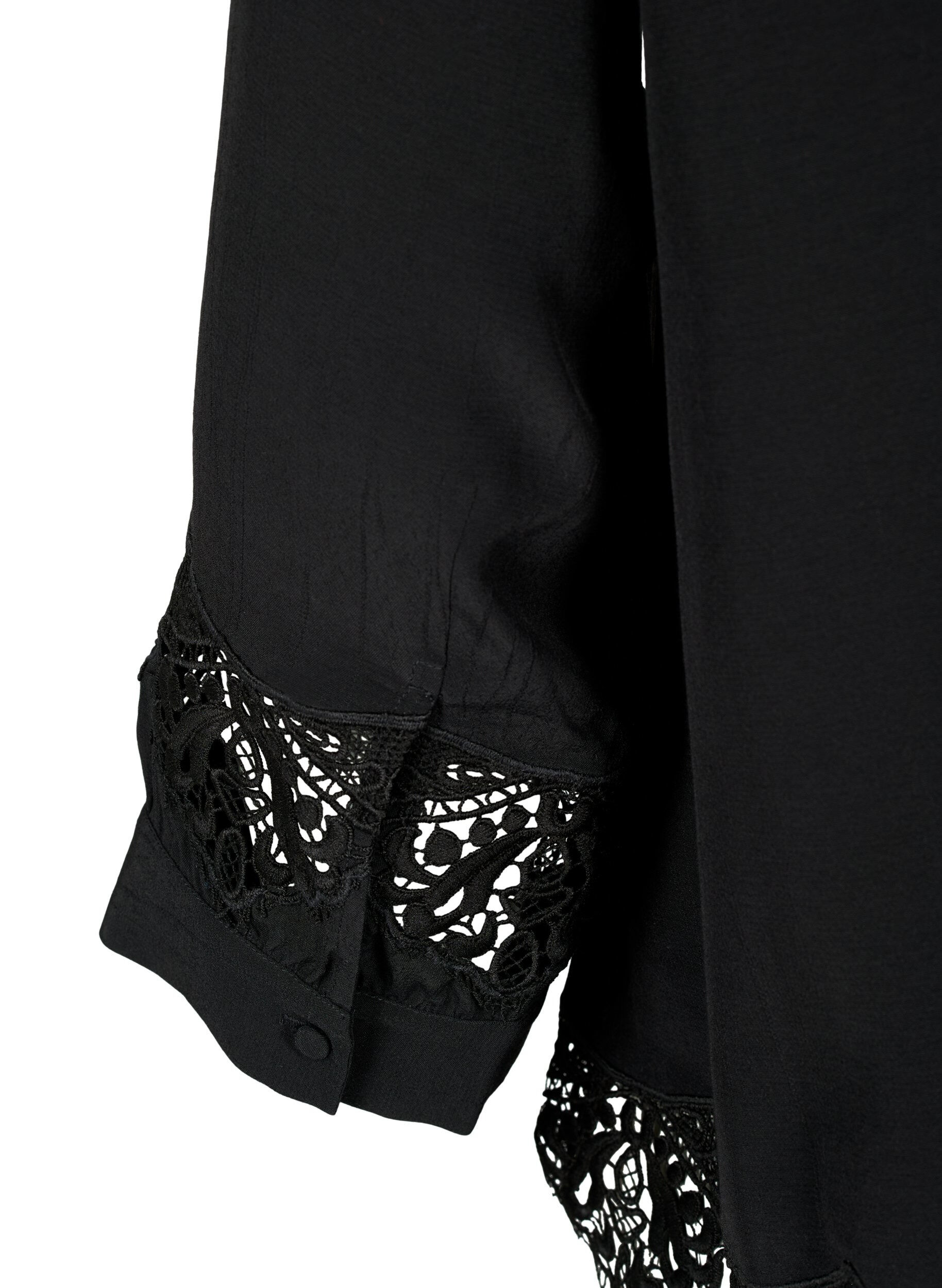 Zizzifashion Viscose shirt with 3/4 sleeves and embroidery details, Black, Packshot image number 3