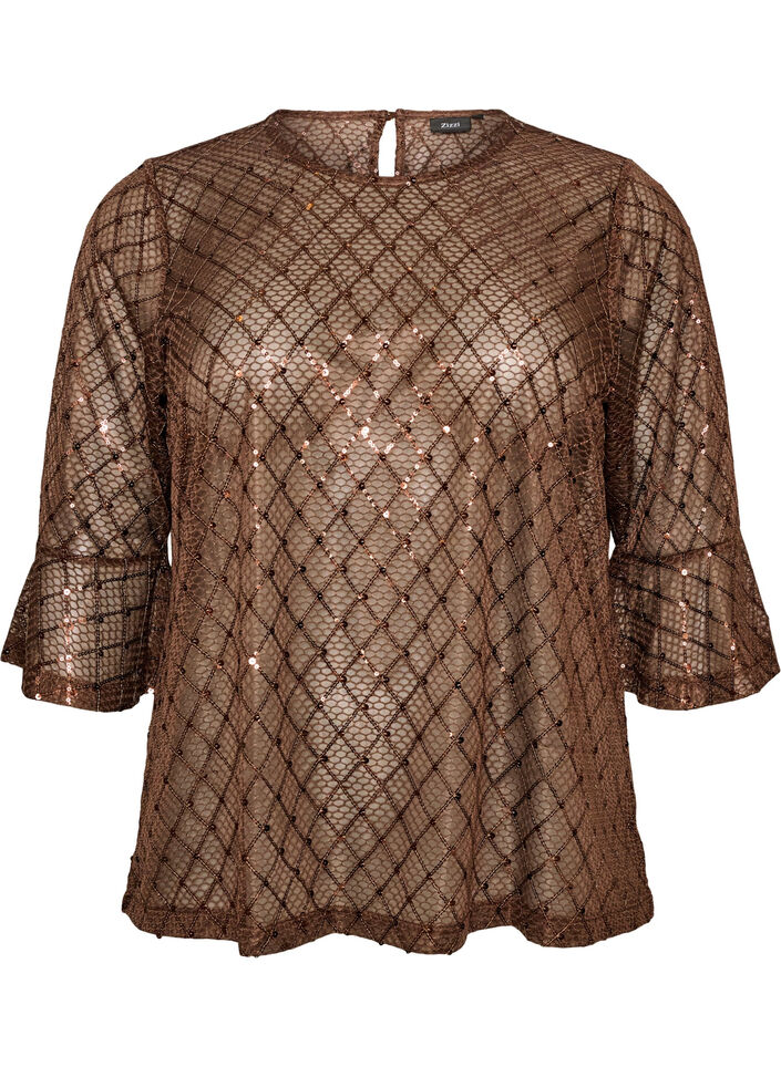 Sheer blouse with sequins and a diamond pattern, Brown, Packshot image number 0