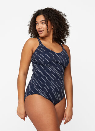 Printed swimsuit with v-neck, Night Sky Comb, Model image number 0