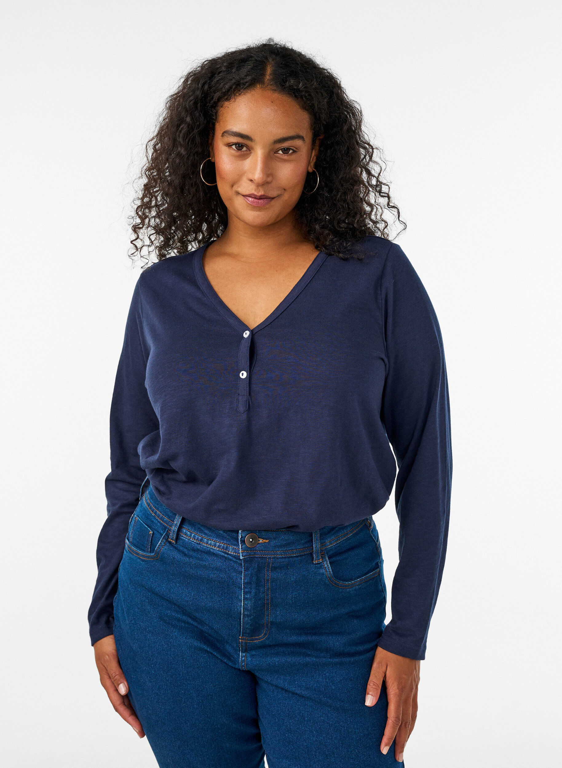 ZizzifashionLong-sleeved t-shirt with V-neck and buttons, Blue, Model image number 0