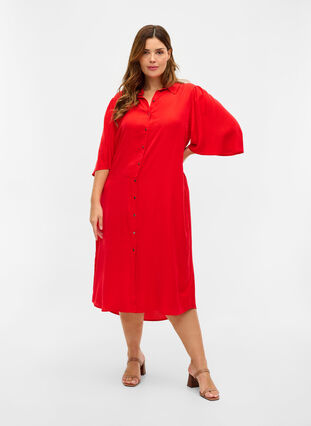 Shirt dress with 3/4 sleeves, Fiery Red, Model image number 2