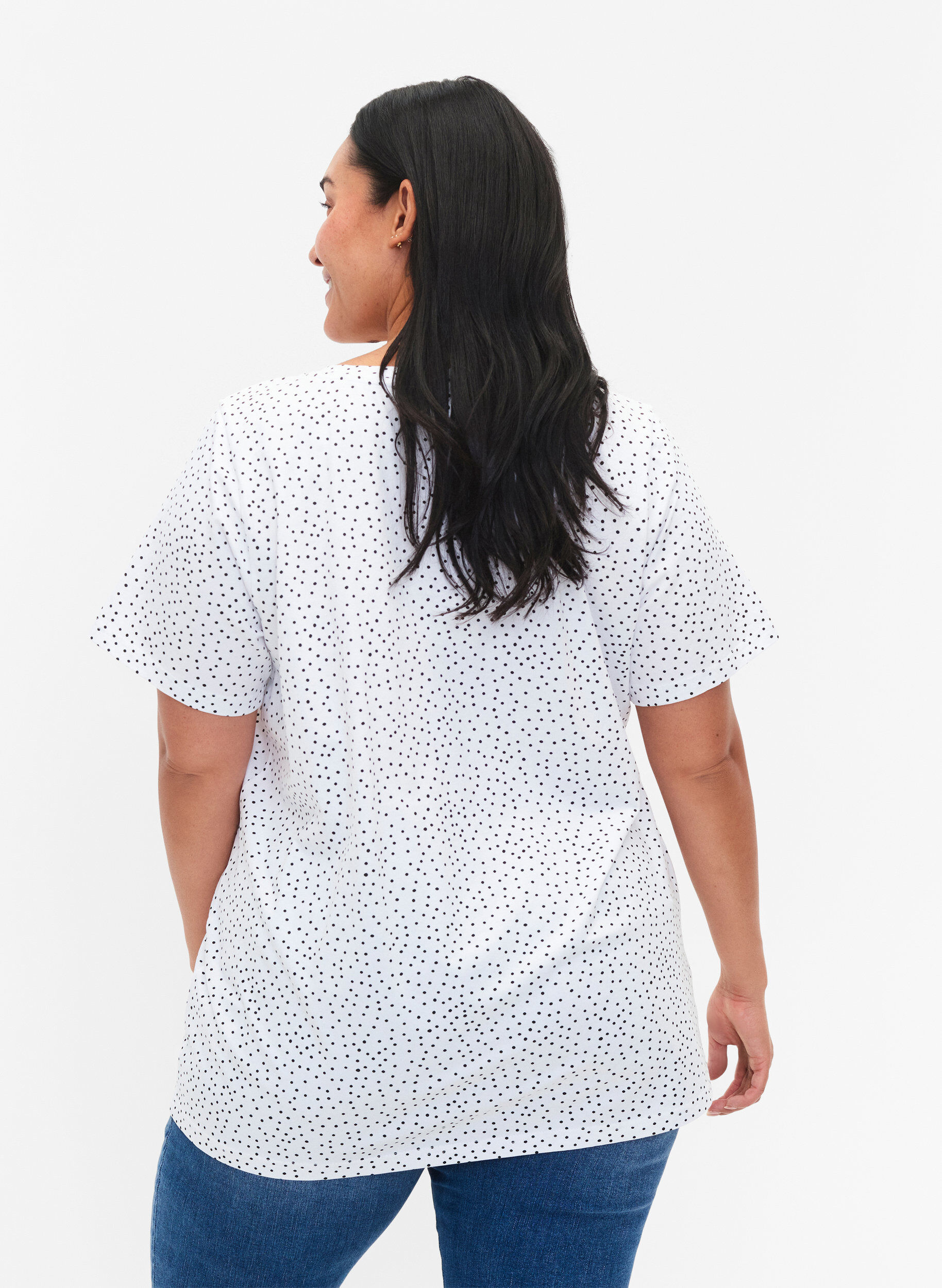 Zizzifashion Cotton t-shirt with dots and v-neck, B.White/Black Dot, Model image number 1