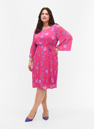 Printed pleated dress with tie string, Beetroot Purple AOP, Model image number 2