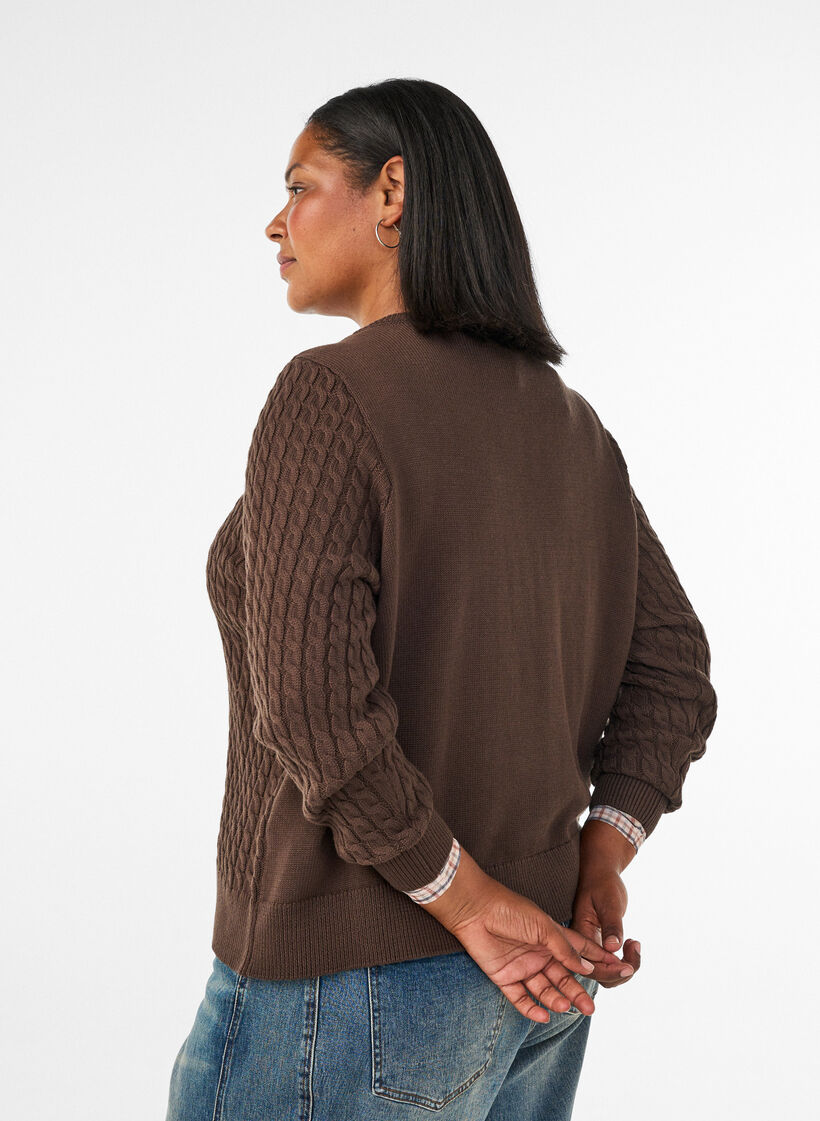 Cable-knit cardigan with golden buttons, Brown, Model image number 2