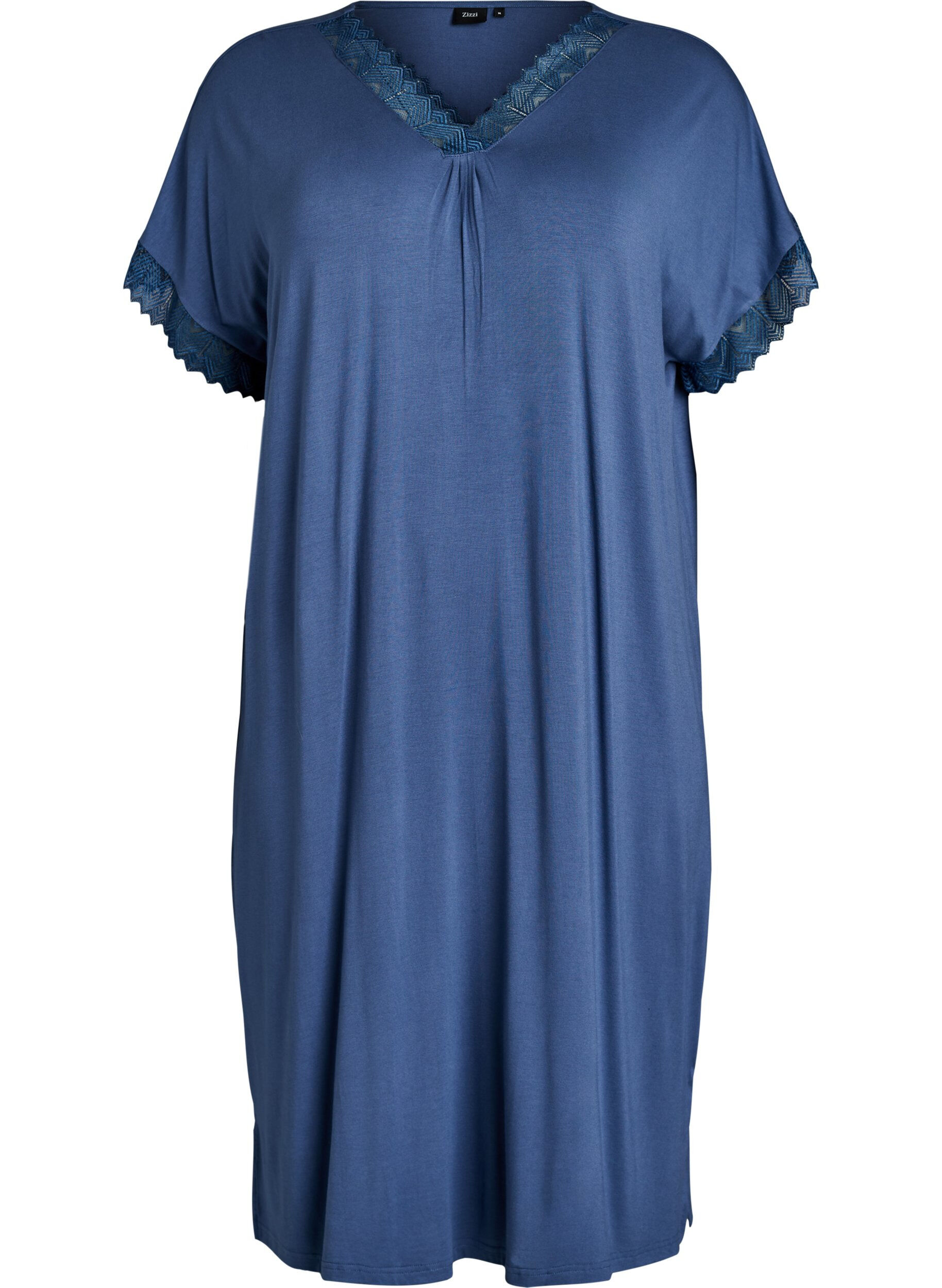 Zizzifashion Viscose nightgown with short sleeves and lace trim, Blue, Packshot image number 0