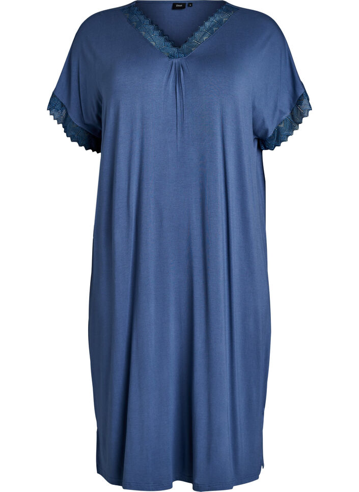 Viscose nightgown with short sleeves and lace trim, Blue, Packshot image number 0