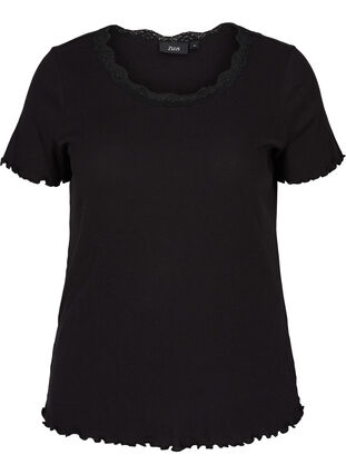 Short-sleeved, ribbed t-shirt with lace trim, Black, Packshot image number 0