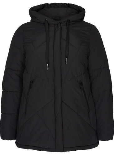 Short winter jacket with hood and pockets, Black, Packshot image number 0