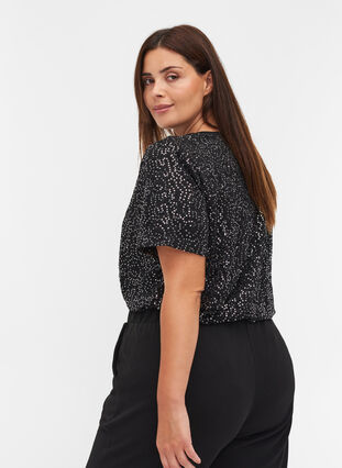 Short-sleeved sequin blouse, Black, Model image number 1