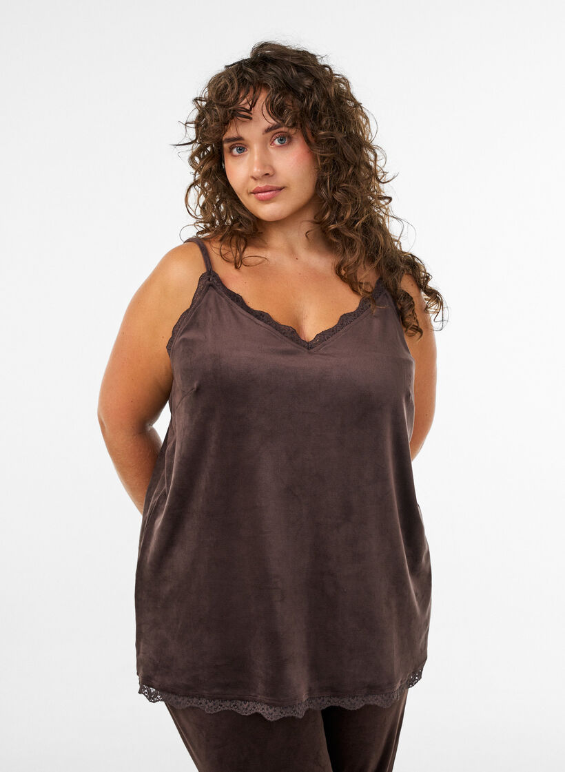 Velour top with lace trim, Brown, Model image number 0