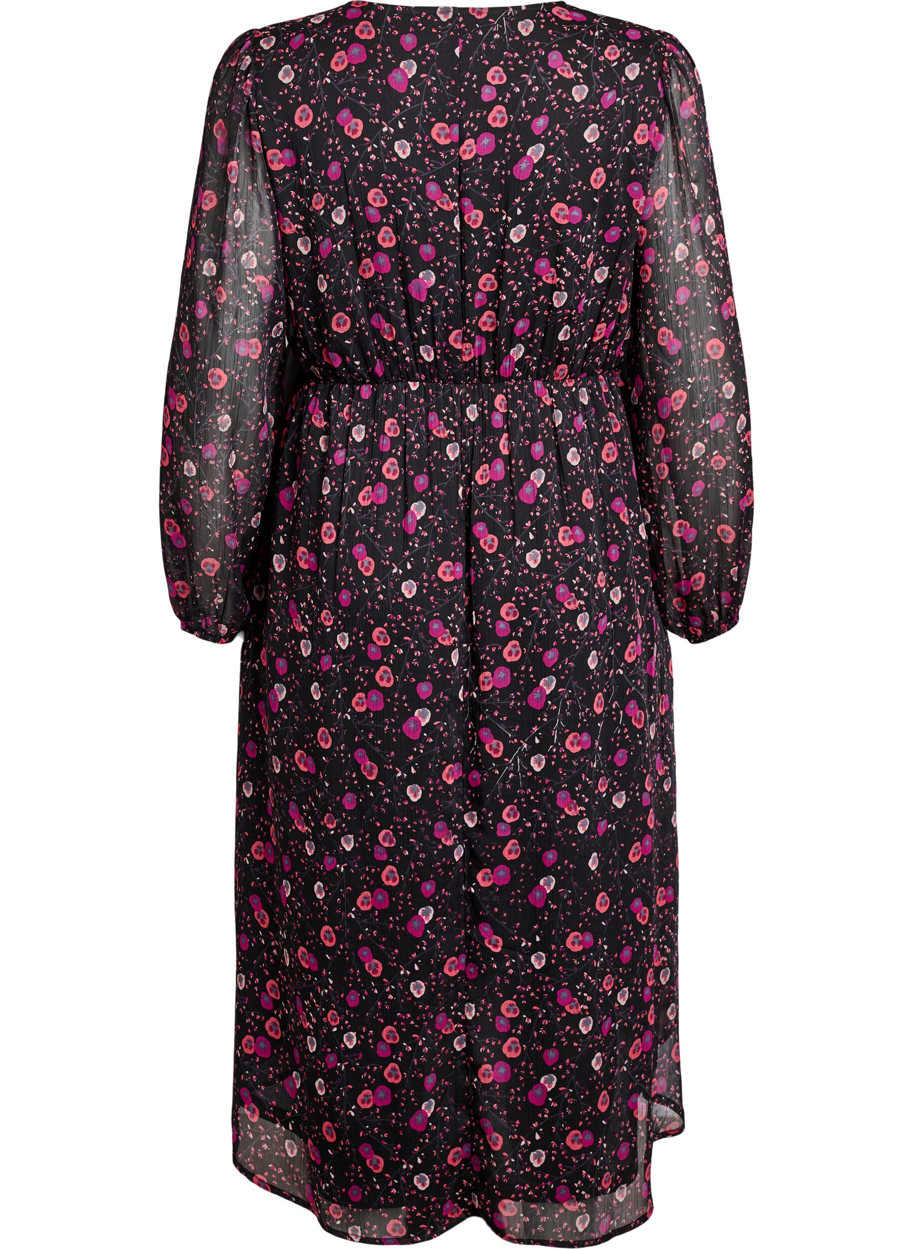 ZizzifashionChiffon dress with floral print and long sleeves, Black, Packshot image number 1