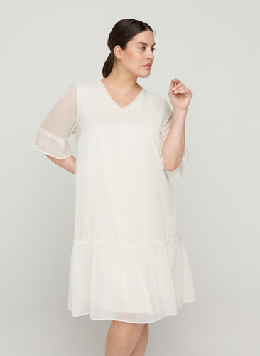 Dress with ruffles and a-line cut, Beige as sample, Model image number 0