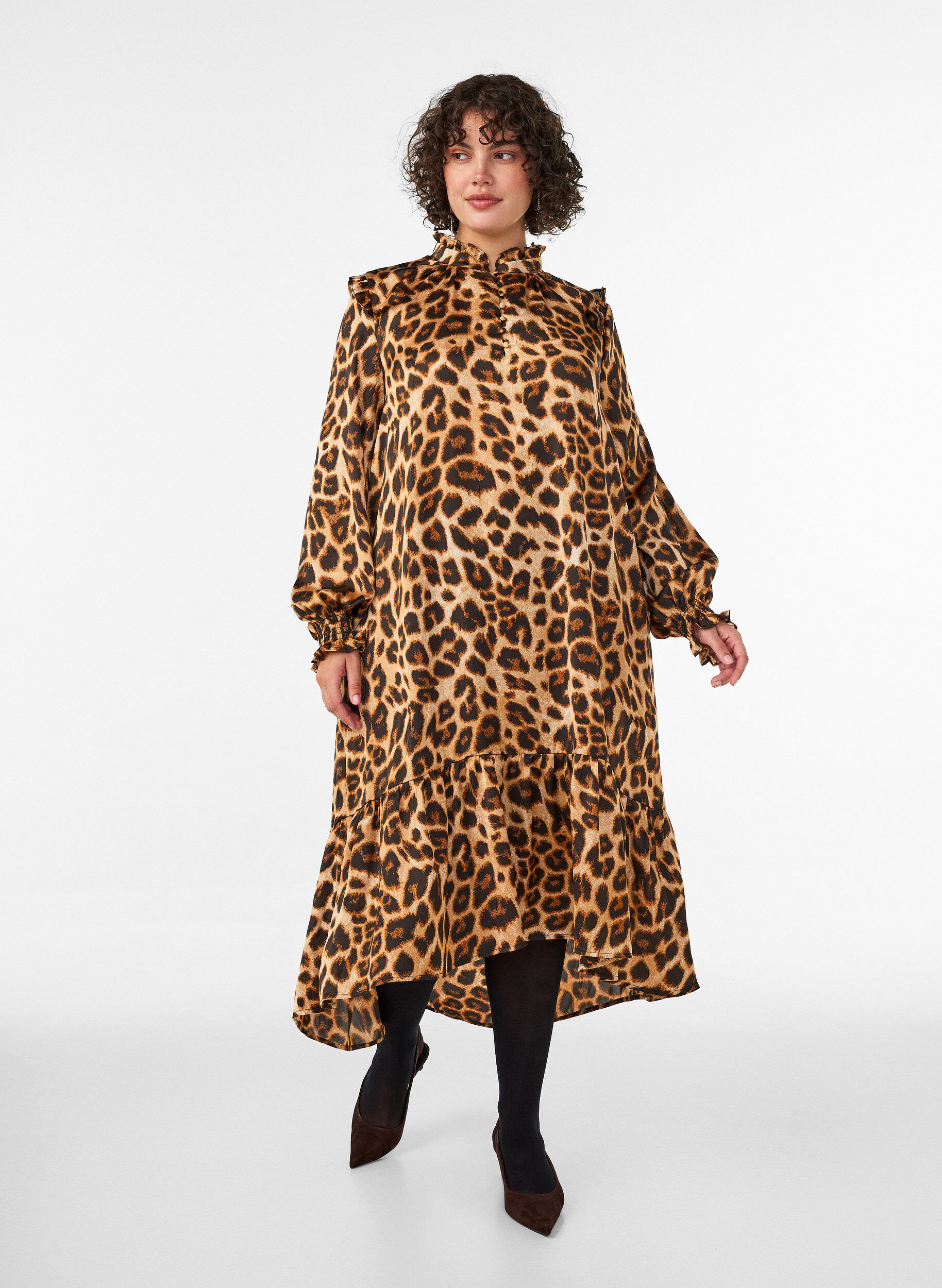 ZizzifashionDress with leopard print and ruffle details, Brown, Model image number 0