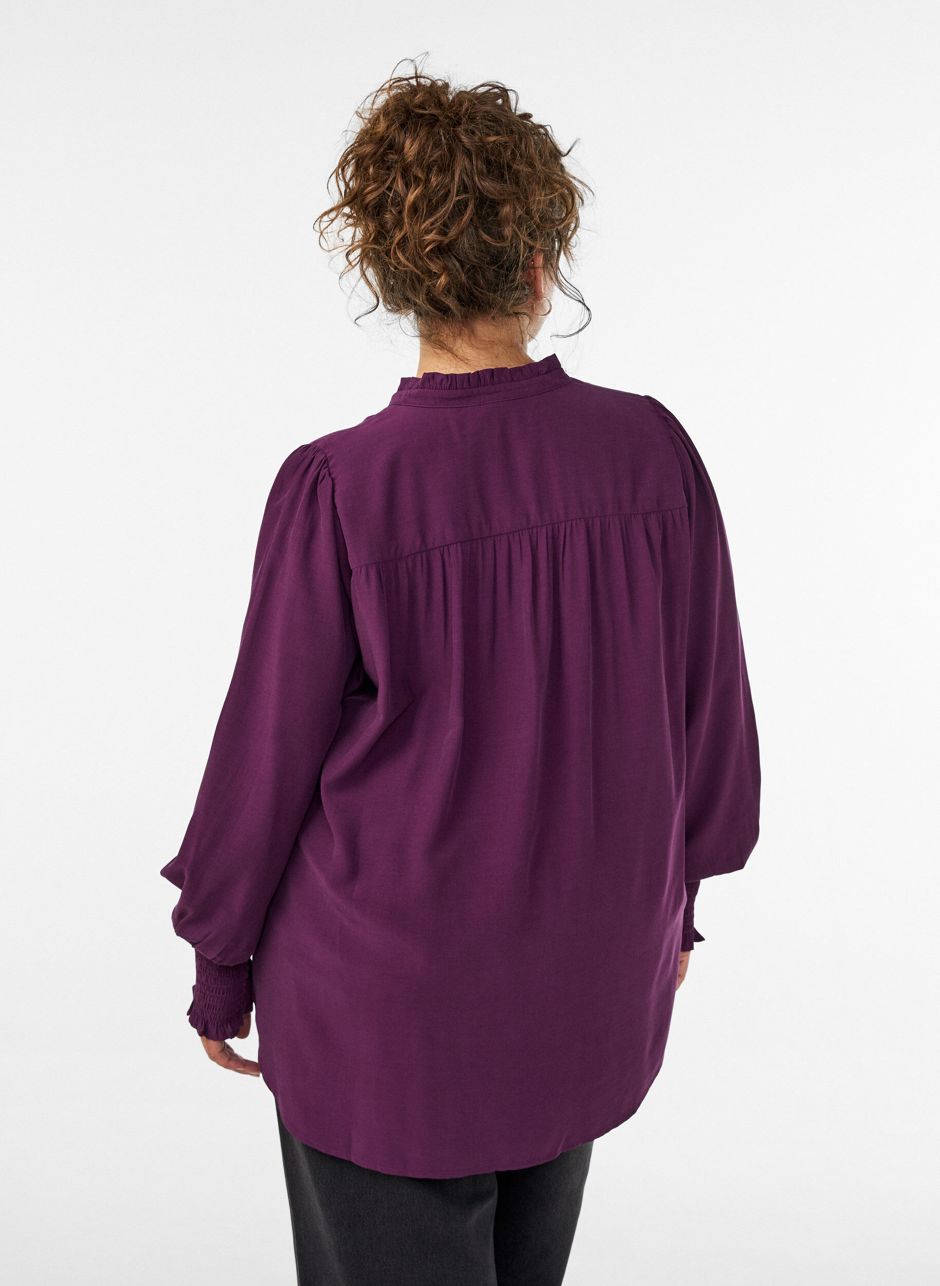 ZizzifashionBlouse with ruffle collar and ruching, Purple, Model image number 2