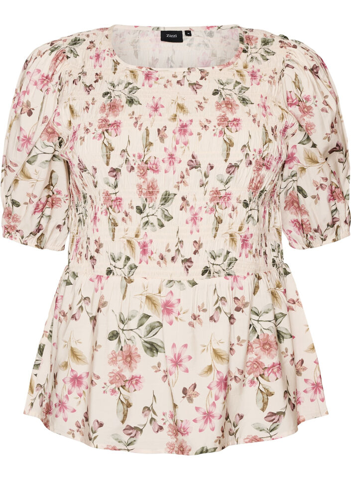 Viscose blouse with smock and peplum effect, Vanilla, Packshot image number 0