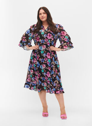 Floral midi dress with a v-neck, Bright Fall Print, Model image number 2
