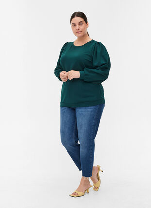 Sweat blouse with rounded neckline and balloon sleeves, Ponderosa Pine, Model image number 2