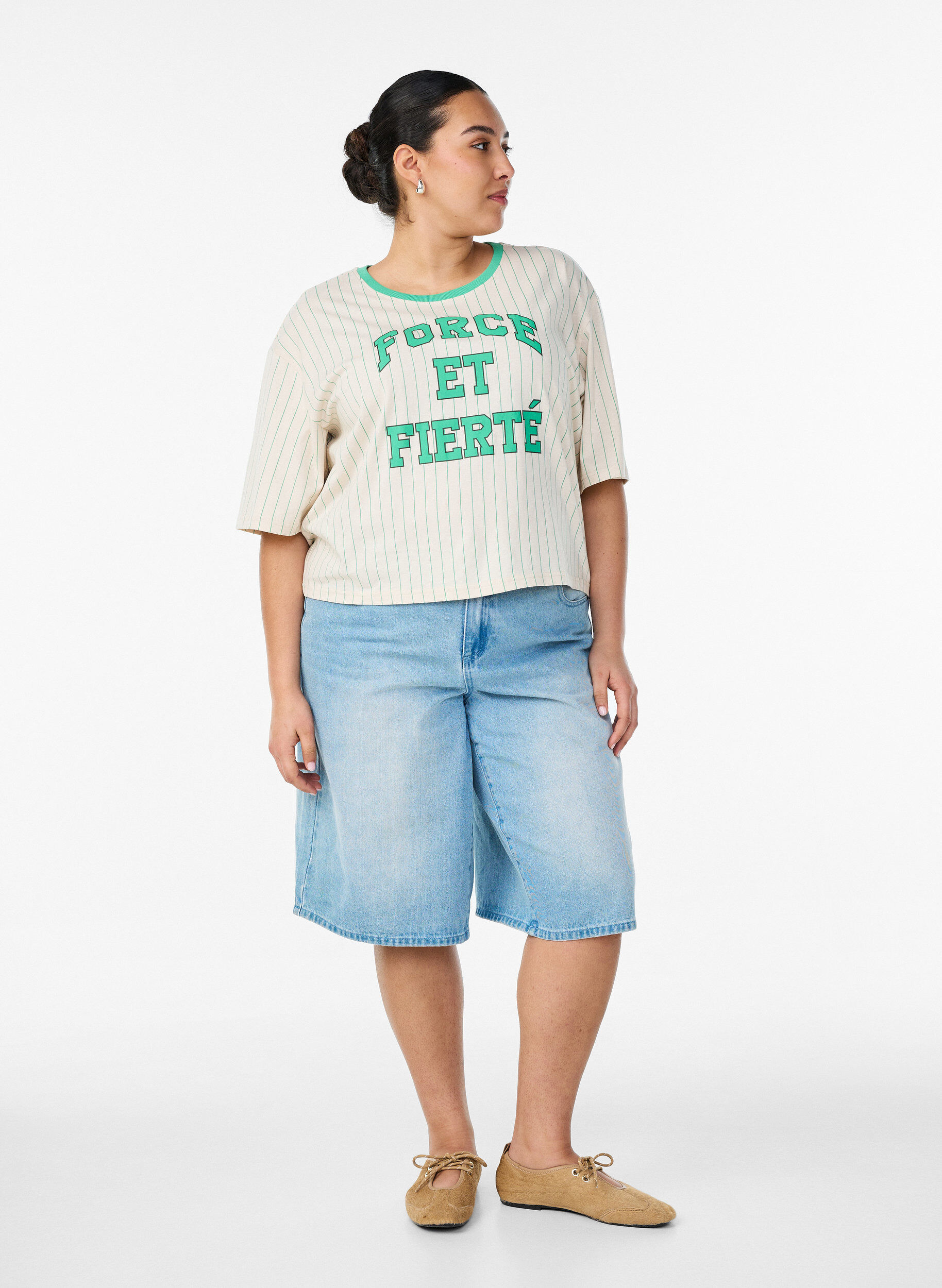 Zizzifashion Boxy T-shirt with stripes and statement print, Vanilla, Model image number 1