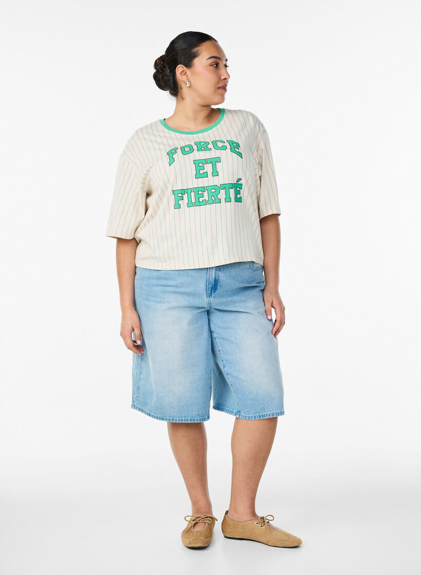 Boxy T-shirt with stripes and statement print, Vanilla, Model image number 1